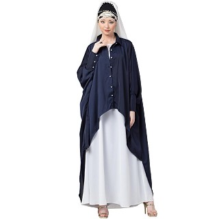 Designer Shirt style Kaftan with inner abaya- Navy Blue-White